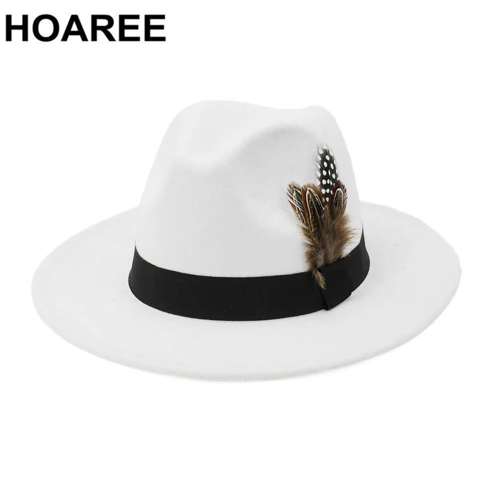 Hoaree White Wool Lana Vintage Trilby Felt Fedora Cappello con piume Donne Uomini Cappelli da chiesa larga Brim Maschio Femmina Autunno Caps Jazz Q0805