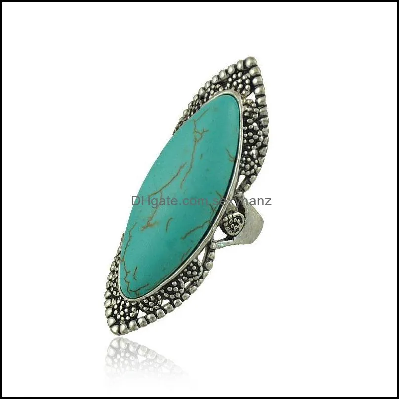 Wedding Rings Fashion Blue Turquoise Ring Vintage Tibetan Silver Finger Women Anniversary Jewelry