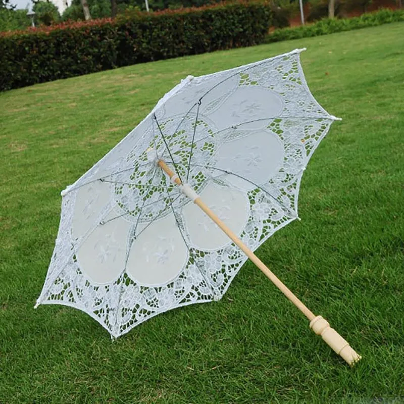 Paraplu's Parasol Katoen Borduurwerk Bruids Wit Ivoor Battenburg Kant Parasol Decoratief Voor Bruiloft