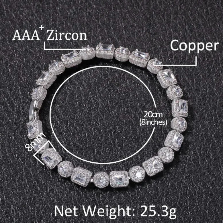 Tennis Bracelets Jewelry men Square Round Mixed Diamonds Bling Tenns Bracelet Gold 8Inch 8Mm Simulate Dimonds Bangles Braceles