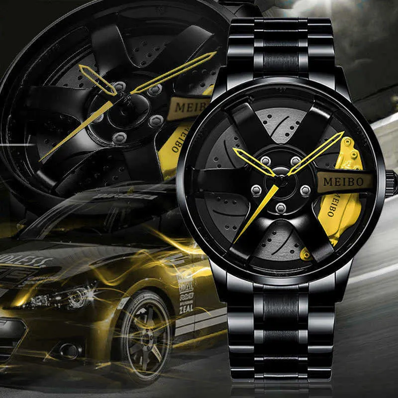 ファッションスポーツメンズウォッチ2021のステンレススチールクォーツ腕時計の男性ホイールデザイン男性のクールな時計ギフトブラックReloj Hombre G1022