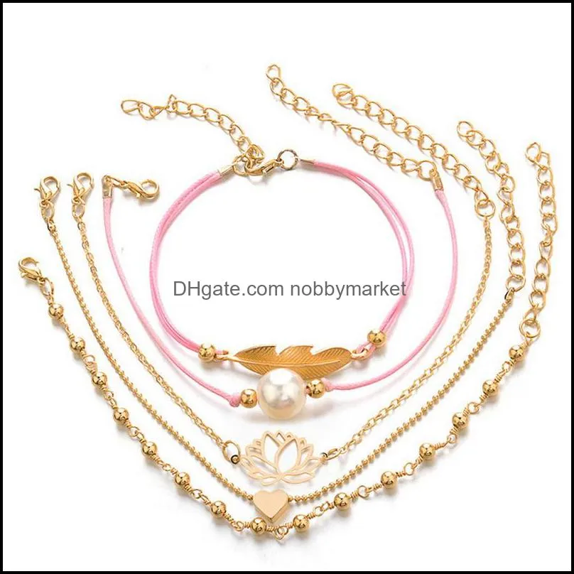 Bohemia Lotus Heart Feather Bracelet For Women Weave Pink Rope Chain Bracelets Pulseras Mujer Tassel Jewelry Gifts