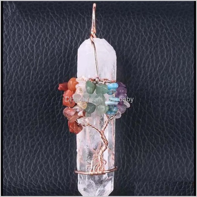 big gemstone pendant women natural white crystal quartz 7 chakra tree of life rose gold handmade wire wrapped necklace charms 
