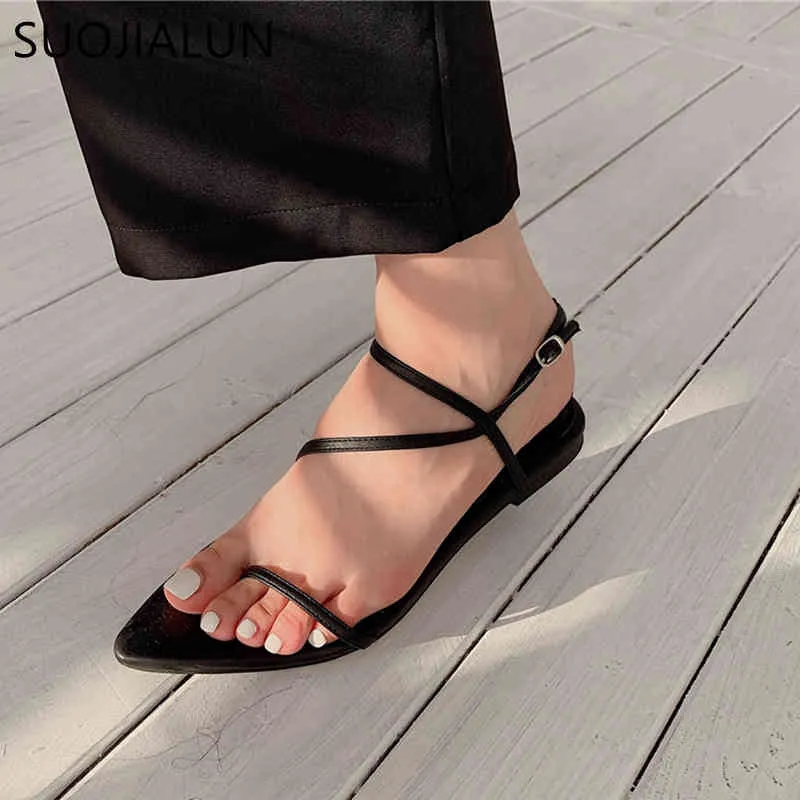 SUOJIALUN 2021 Summer Casual Women Sandal Shoes Flat Heel Pointed Toe Slides Ladies Narrow Band Slip On Open Toe Rome Sandals K78
