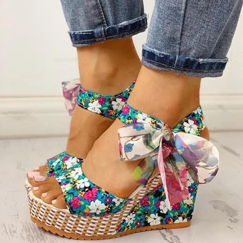 Women Wedge Sandals Female Open Toe Shoe Floral Bowknot Platform Bohemia High Heel Sandal Fashion Ankle Strap Ladies Shoes