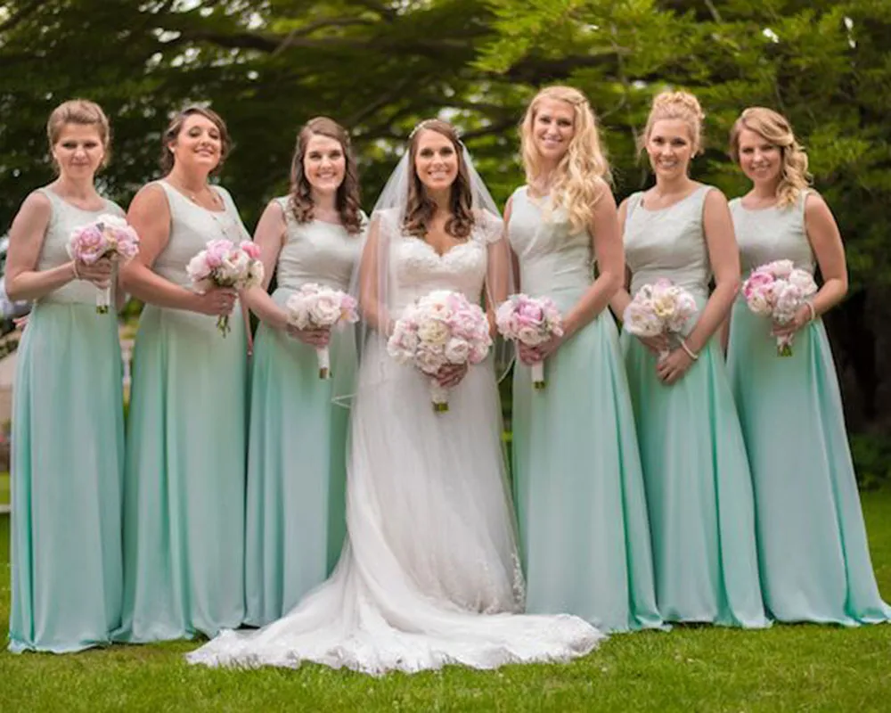 Bodenlanges Garten-Brautjungfernkleid im westlichen Stil, Mintgrün, A-Linie, Frühlings- und Sommerkleid für Trauzeugin, maßgeschneidert für Hochzeitsgäste, maßgefertigt in Übergrößen erhältlich