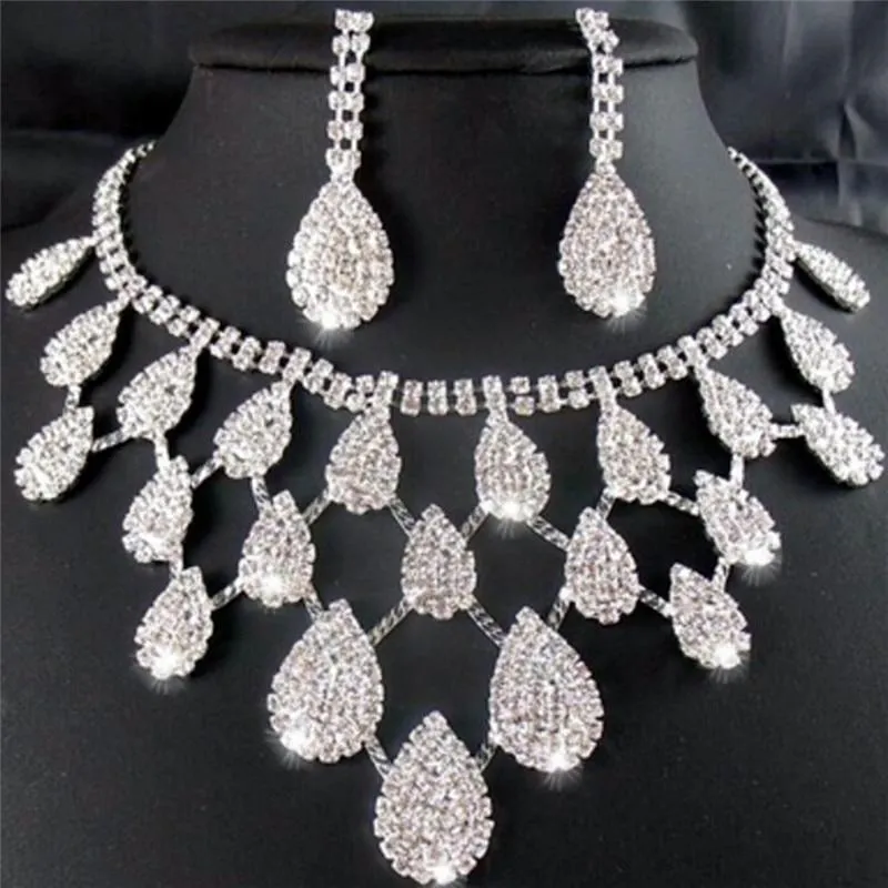 Kolczyki Naszyjnik Kryształowy Drop Neclace Rhinestone Wedding Bridal Jewelry Set Fashion