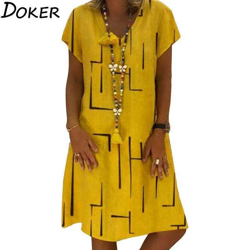 2021 летние повседневные MIDI Drwomen печатать V-образным вырезом с коротким рукавом винтаж плюс размер свободных платьев женский пляж Boho желтое платье X0529
