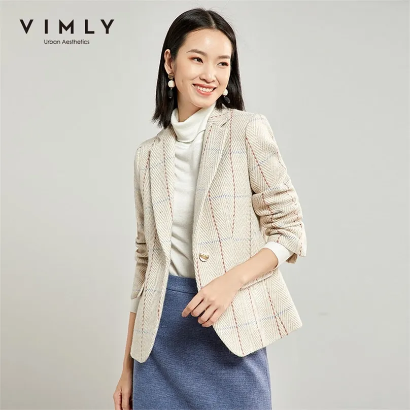 Vaimly Women Stripe Wool Coat Vintage Turn Down Collar Single Button Slim Tjock Office Lady Elegant Jacka Kvinna Blazer F3703 211006