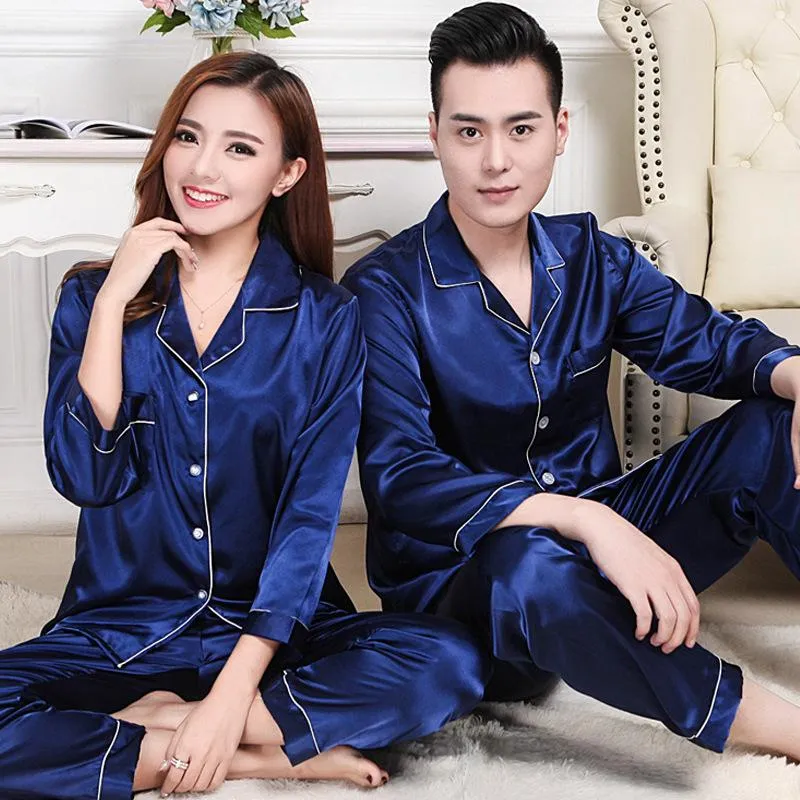 Men's Sleepwear Couples Long Sleeve Pajama Set Or Women Sleep Tops Black Silk Pants Pijamas