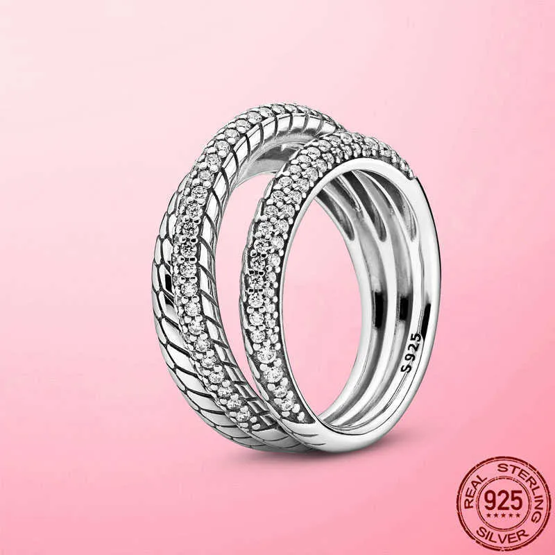 Anello in argento sterling 925 con motivo a catena a forma di serpente con pavé a tripla fascia, regalo di fidanzamento per matrimonio da donna