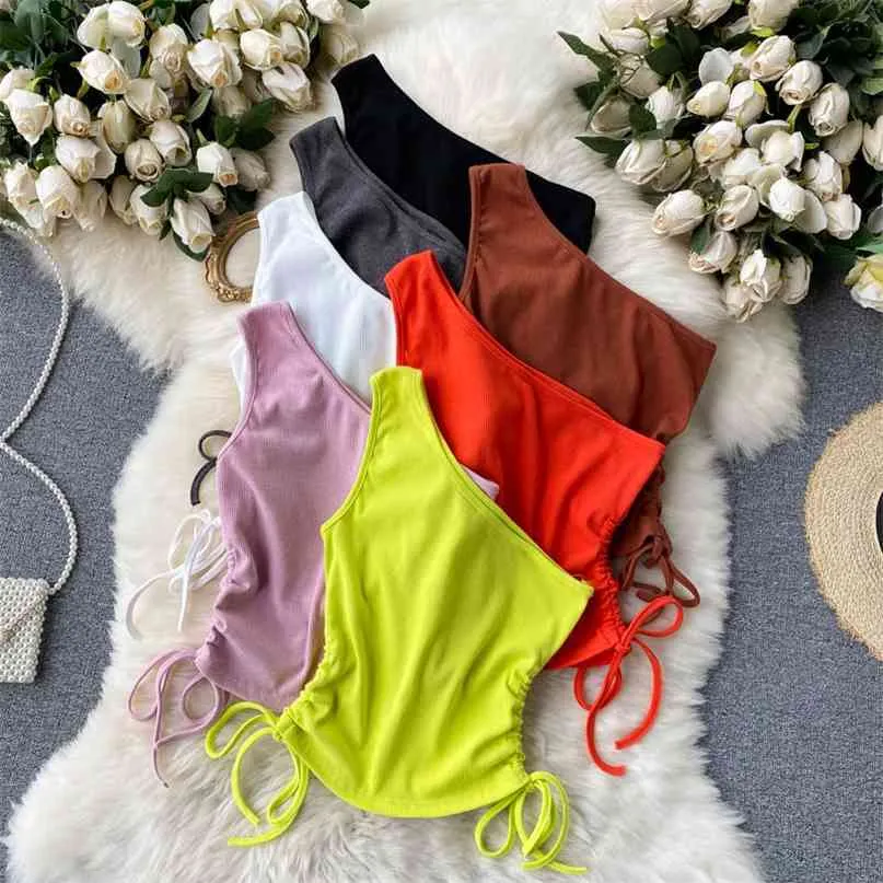 Ins Fashion Women's Crop Top Summer Knit T-shirt Color Sólido Un Hombro Sin Mangas Cordón Chaleco Fruncido Tops Tops 210603