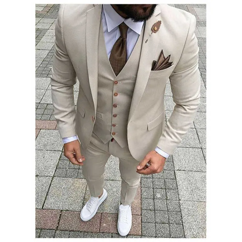 Abiti Beige Giacca A Tre Pezzi Pantaloni Gilet Custom Slim Fit