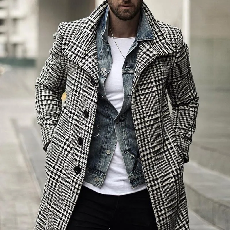 Heren Trenchcoats 2021 Coat Plaid Lange Lengte Revers Collar Lange Mouw Warm Herfst Winter Overjas