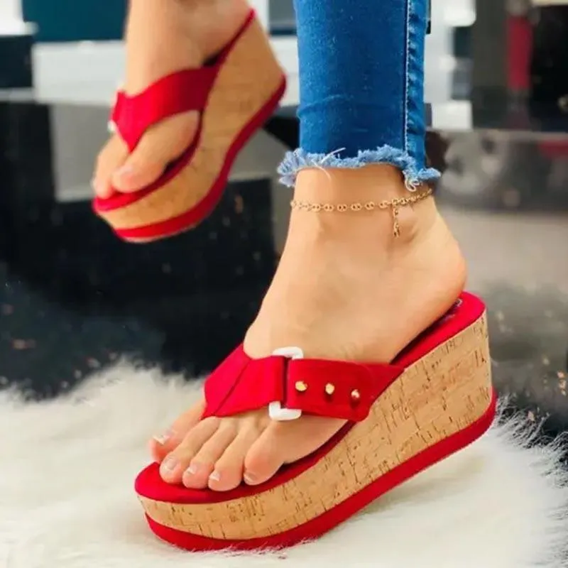 Klänning Skor Kvinnor Sandaler Cork Sole Wedges Kvinnors sommar Flip-Flops Beach Casual Female Ladies Platform tofflor