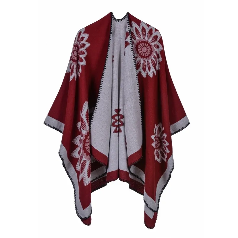 Faux cashmere brittisk stil varm blomma hår rakning split sjal kvinnor mode vild tjock kappa dam mjuk cape våren 210427