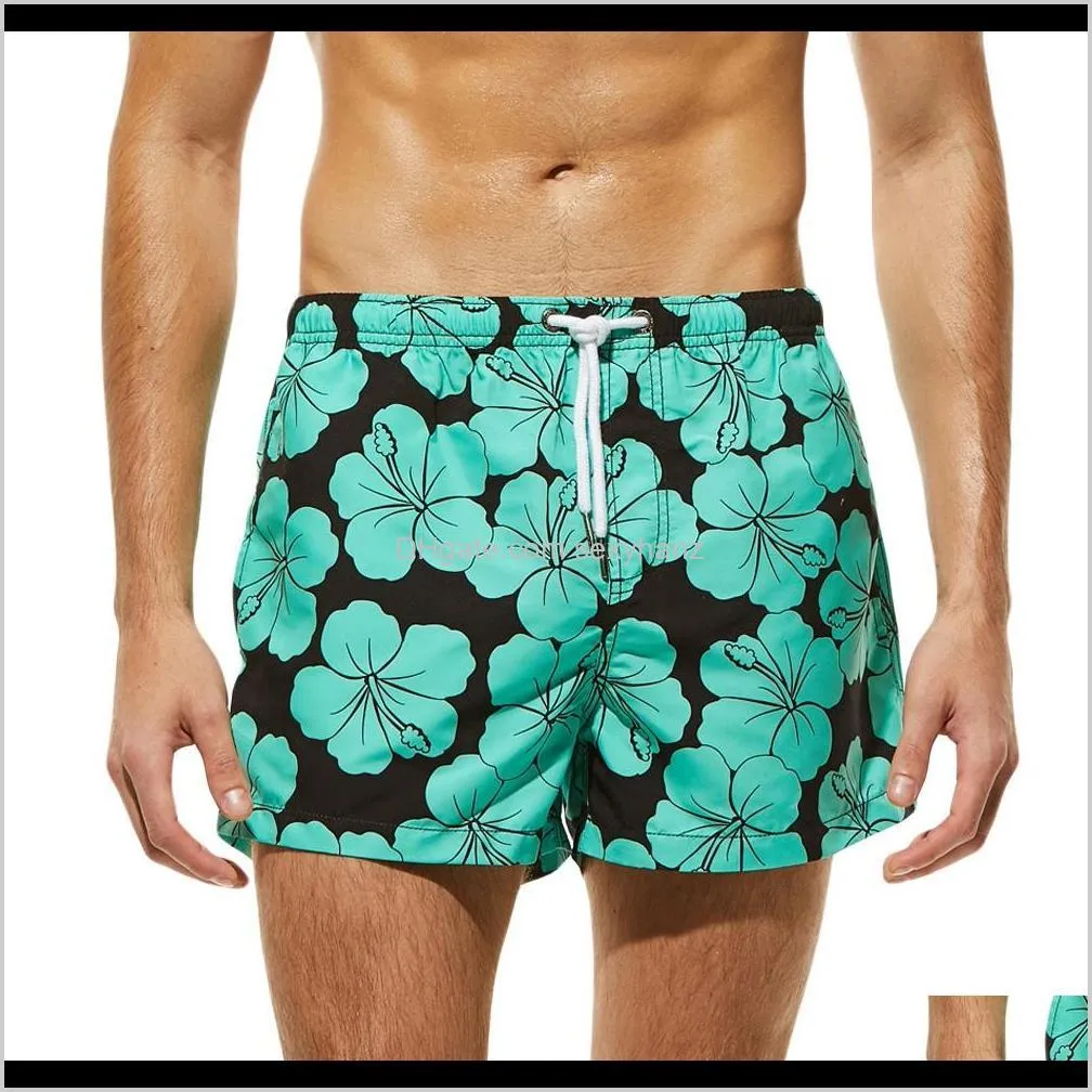 Mens Kleding Apparel Drop Levering 2021 Mannen Ademend Zwembroek Badmode Slanke slijtage Slakken Bloem Print Groene Strand Shorts Grootte S-XL V7XMK