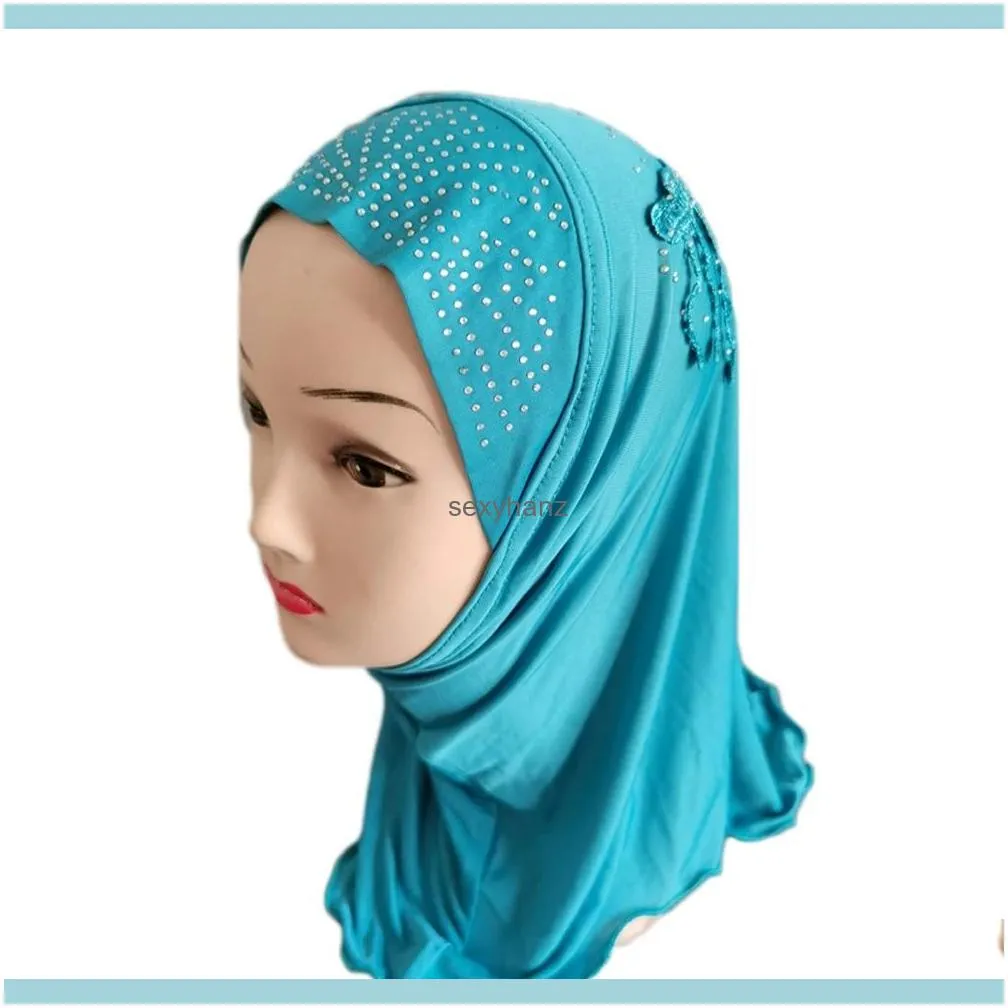 One Piece Full Cover Muslim Kids Hijab Girls Hat Amira Instant Scarf Islamic Ready To Wear Head Wrap Turban Rhinestone Shawl Cap