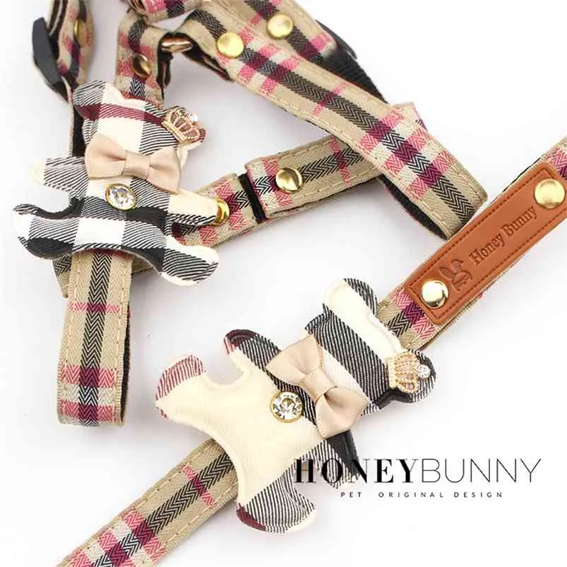 Pet Dog Harness Leash 2 Sets Classic Check Bow Teddy Collar Dog Walking Rope Chain For Small Medium Pet Harness Suit Leash Set 210729