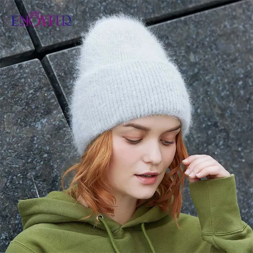 ENJOYFUR Chapeaux d'hiver pour femmes Chaud Long Lapin Fourrure Cheveux Femme Caps Mode Couleurs Solides Large Manchette Jeune Style Bonnets 211119