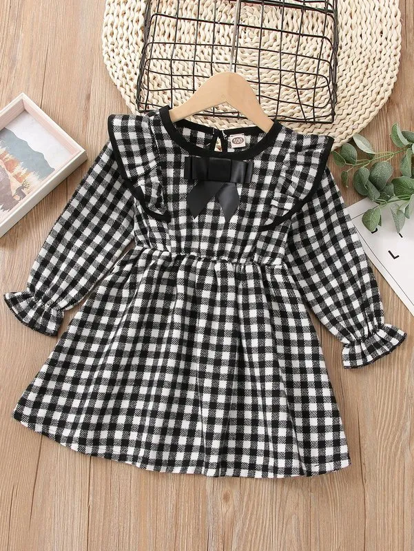 Toddler Girls Gingham Flounce Sleeve Ruffle Trim Bow Front Klänning Hon