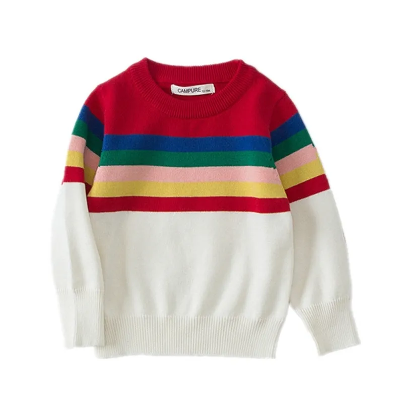 Långärmad regnbåge randig knit barn spädbarn tröja baby flicka pullover toddler pojke kappa bomull barnkläder 1-7y 210429