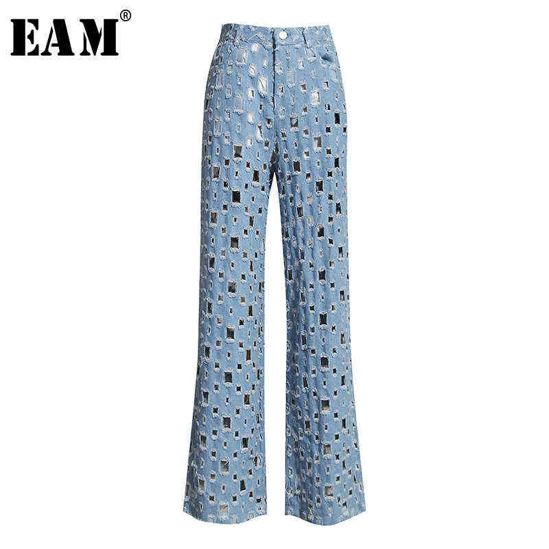 [EAM] Wide Leg Blue Denim Hollow Out lange jeans hoge taille losse vrouwen broek mode lente herfst 1K434 211129