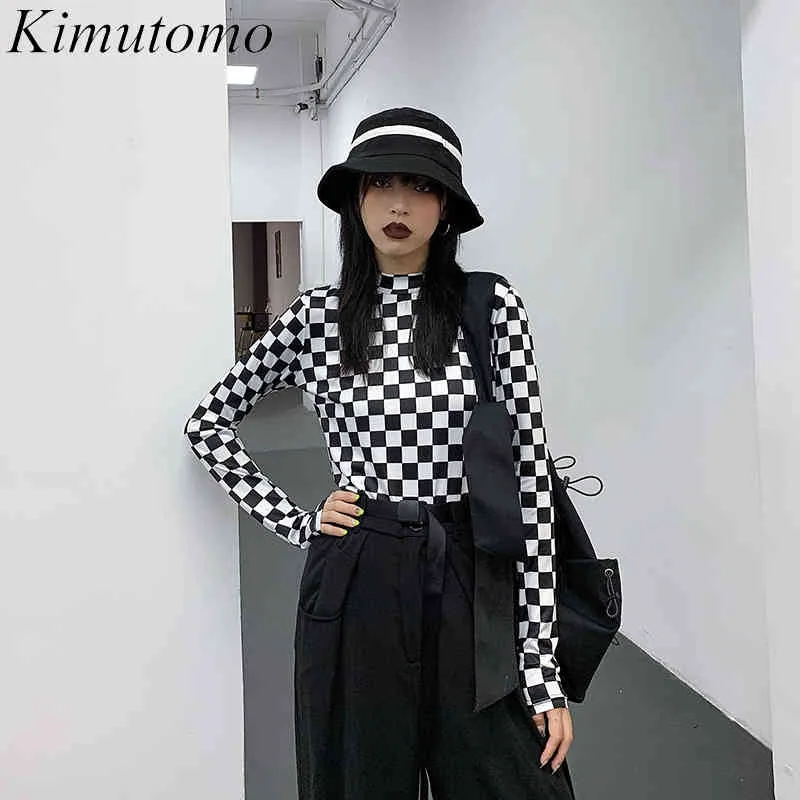 Kimutomo Plaid Half Turtleneck T-shirt Kobiety Korea Chic Moda Wiosna Jesień Panie Slim Talii Z Długim Rękawem Topy Streetwear 210521