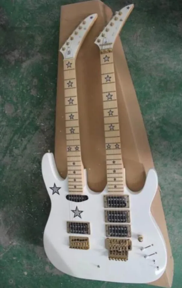 Rare White Kramer RS 6 Stings + 6String Double Neck Electric Guitar Floyd Rose Tremolo Bridge Locking Nut, Star Inlay, Gold hardware