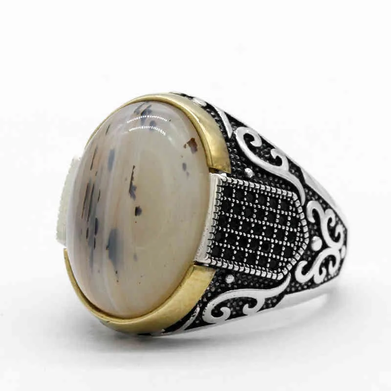 Genuine Pure 925 Sterling Silver With Agate Stone Antique Wedding For Men Turkish Punk Rock Jewelry Gift Women Rings