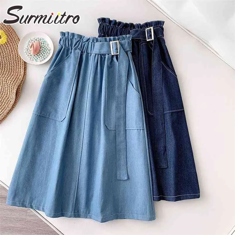 Spring Summer Women Korean Style Blue High Bud Waist Sun School Knee Length Midi Female Denim Skirt With Belt 210421
