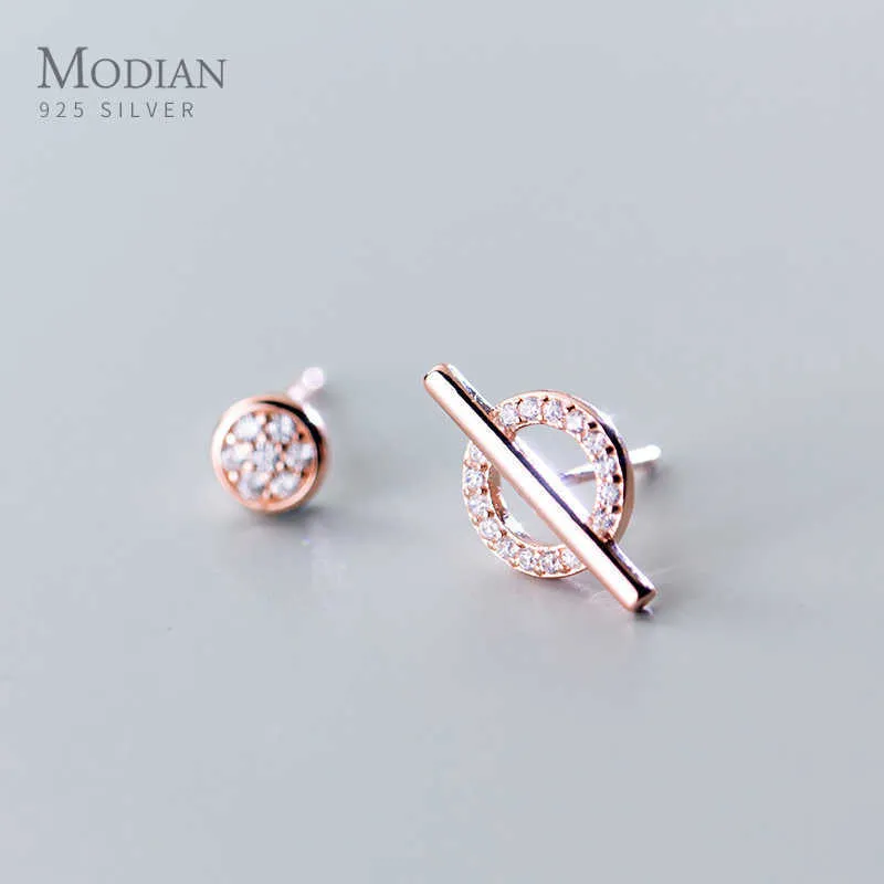 Rose Gold Color Geometryczne Projekt Element Kolczyk Round Clear CZ dla kobiet 925 Sterling Silver Stud Kolczyki Biżuteria Prezent 210707