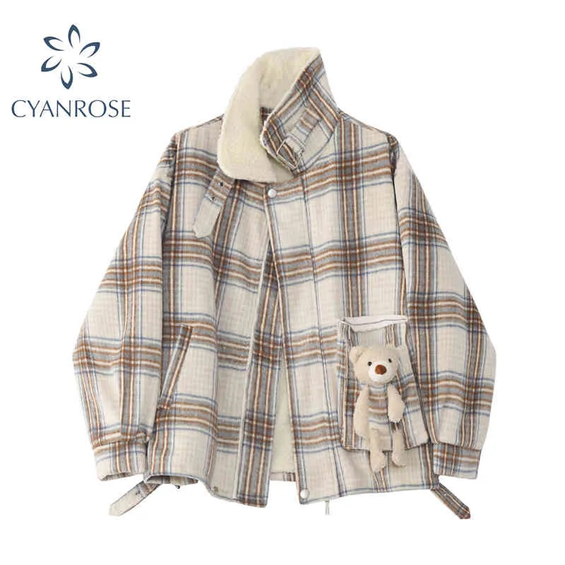 Winter Lamb Wool Coat Plaid Women Bear Cute Student Thicken Jacket Small Fresh Soft Sister Loose Long Sleeve Outer Wear Tops 210417