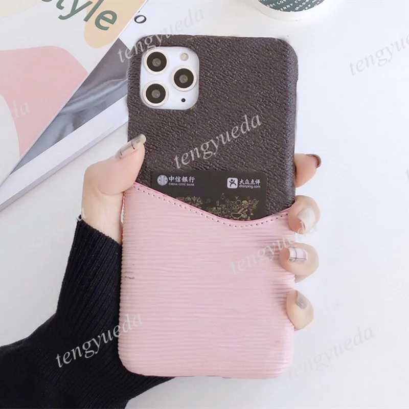 Fashion Designer Brown Flower Phone Cases for iPhone 12 11 pro max Xs XR Xsmax 7 8 plus Leather Patchwork Card Pocket Cellphone Cover with Samsung Note20 Note10 S20 S10