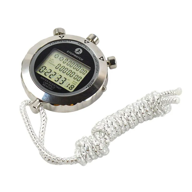 Timers Vattentät Stopwatch Timer Metal Handheld LCD-kronograf Klocka med larmfunktion för att simma på fotboll