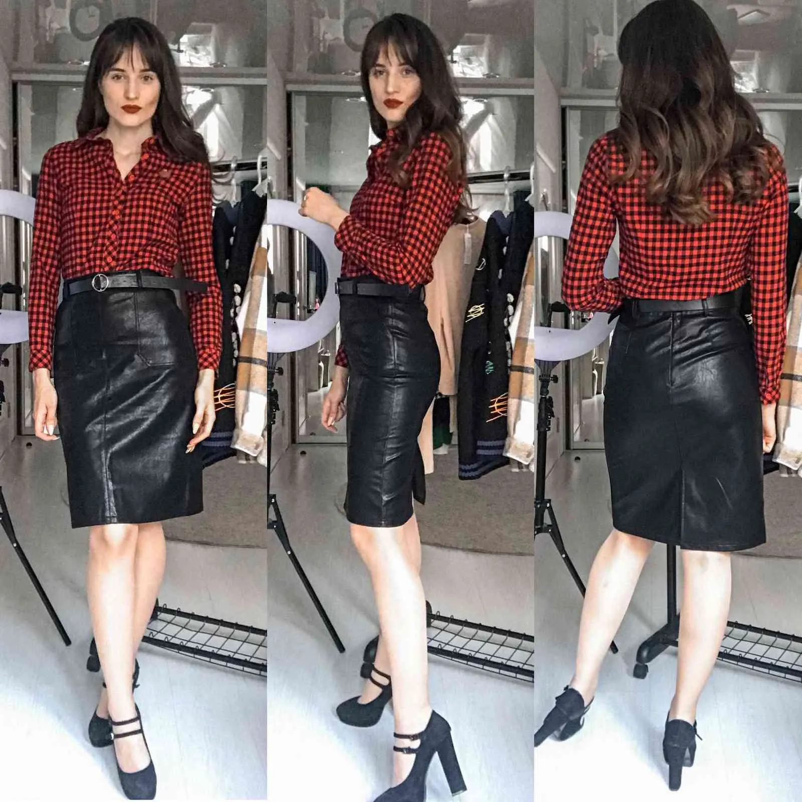 Black leather pencil shop skirt pockets