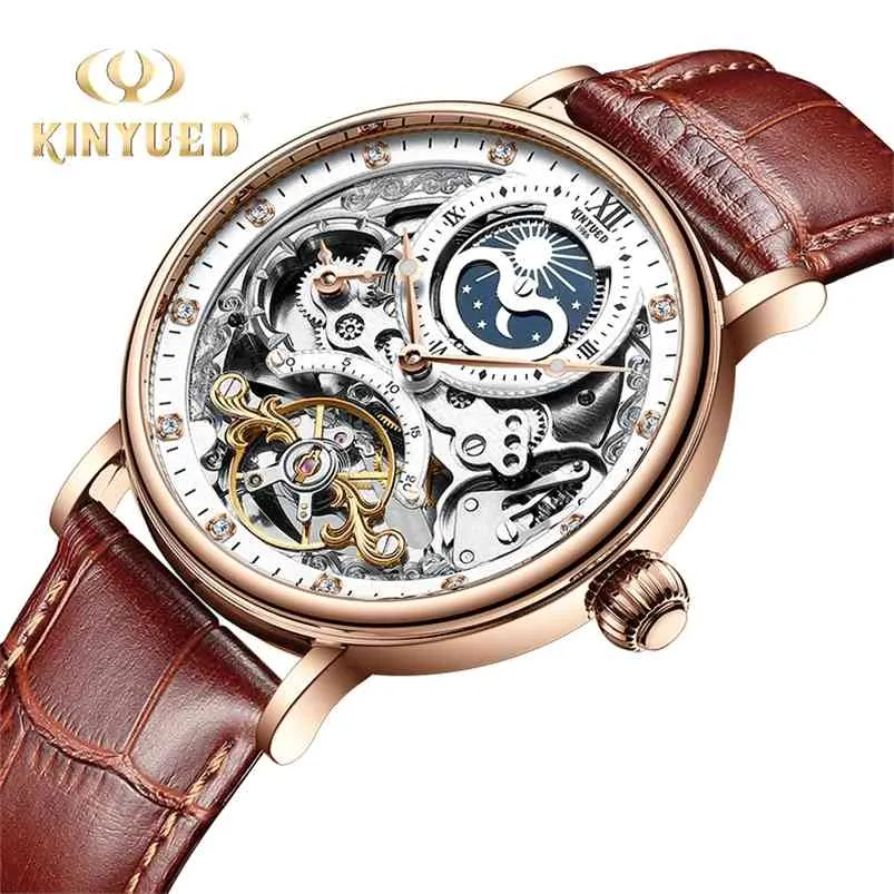 Kinyued Skeleton Klockor Mekanisk Automatisk Titta Män Sport Klocka Casual Business Moon Armband Watch Relojes Hombre 210804