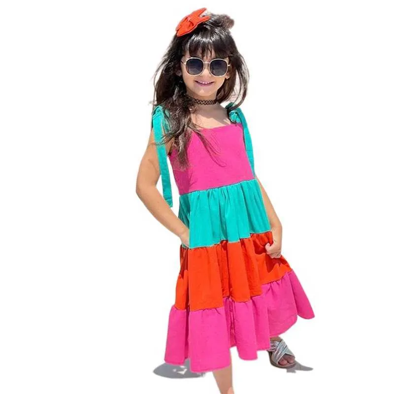 Niñas pequeñas Slip Dress Otoño Niños pequeños Estilo dulce Color a juego Tie Up Hombro Sin mangas Dobladillo ancho Princesa Falda G1026