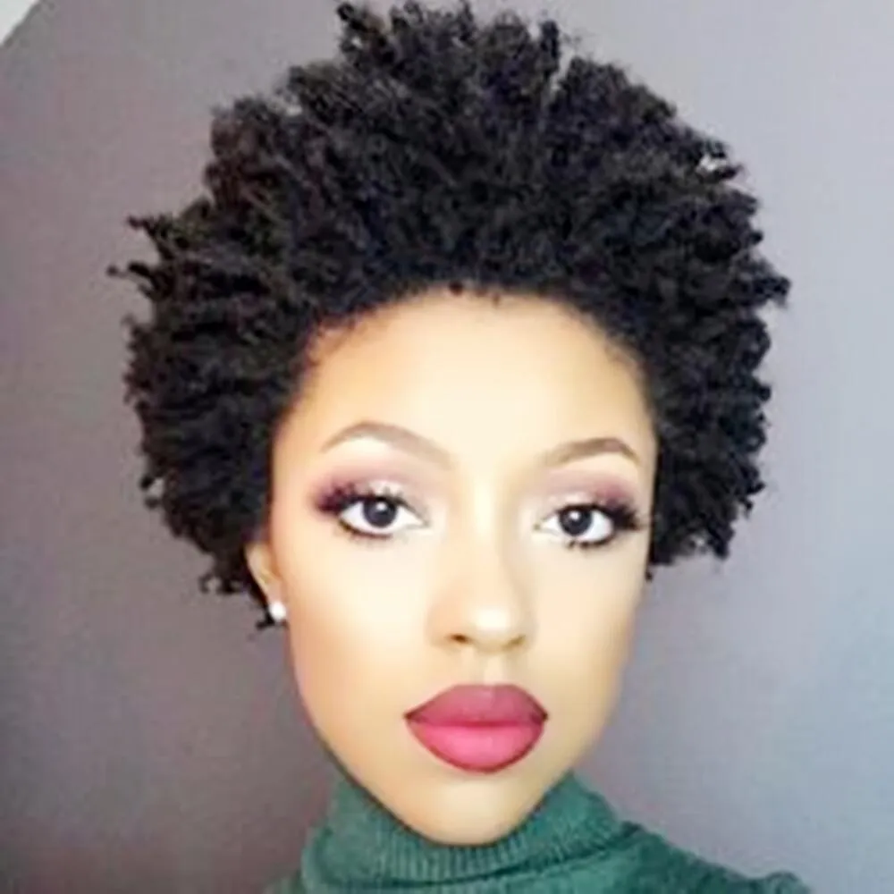 Natural Black Kinky Afro Curly Human Hair Wig Nikt Koronki Pixie Cut z maszyną Radych Peruki dla kobiet