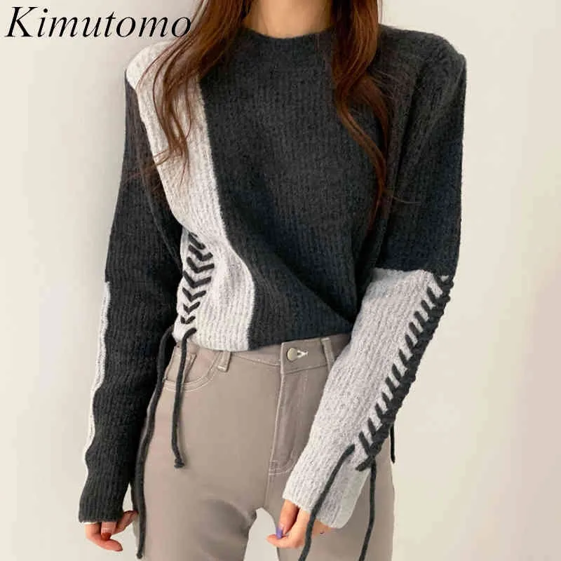 Kimutomo femmes pull sauvage printemps automne corée Chic mode femme col rond géométrique lambrissé bretelles croisées hauts tricotés 210521