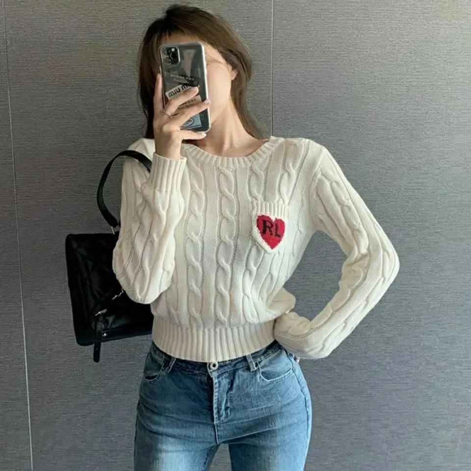 Korean Fashion Jumper Women Brand Vintage Letter Red Heart Pattern Pocket Long Sleeve Knitted Sweater Pullover Tops T530 210805