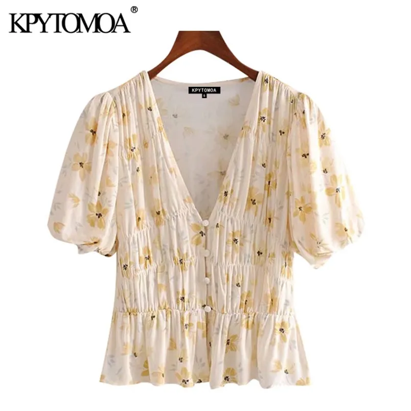 Women Fashion Floral Print Ruffled Blouses Puff Sleeves Button-up Female Shirts Blusas Chic Tops 210420