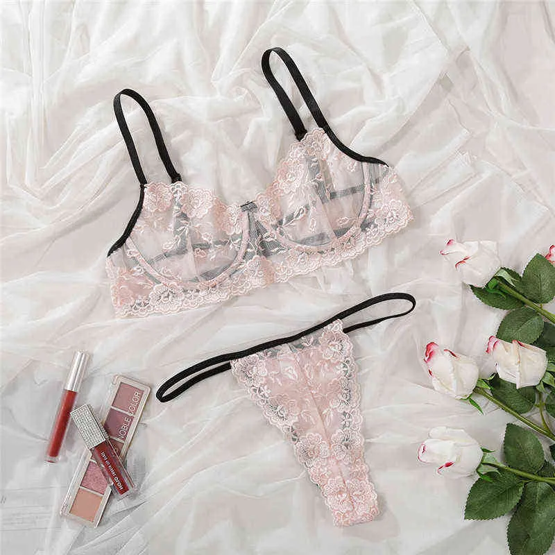 NXY ensemble sexy sous-vêtements brodés en dentelle sexy pour femmes ensemble de lingerie érotique transparente en maille fine soutien-gorge et string à armatures 1127