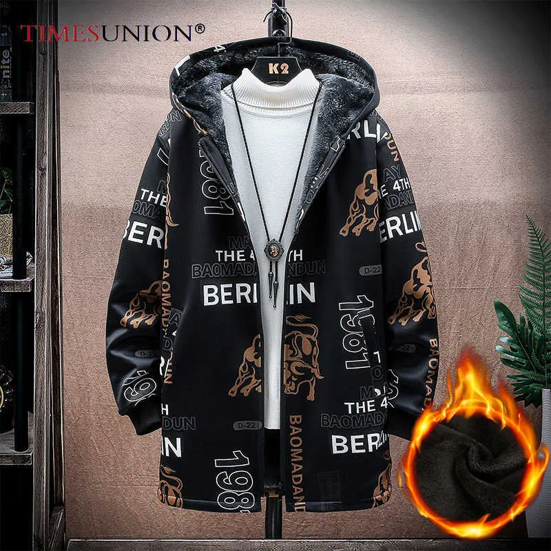 Winter Fleece Loose Long Trench Coat Men Letter Print Style Hooded Overcoat Black Hip Hop Streetwear Korean Mens Jacket 211011