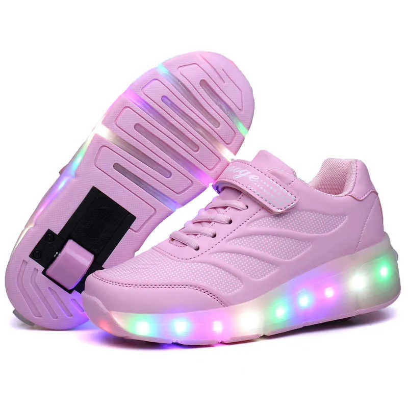 Kids Glowing girls Sneakers with wheels Led Light up Roller Skates Sport Luminous Lighted Shoes for Kids Boys Pink Blue Black X0719