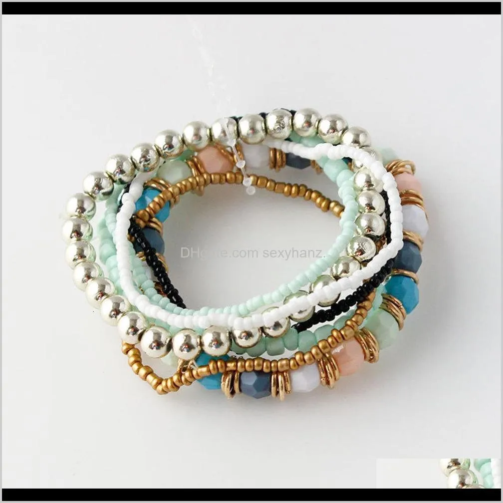 b095 bohemian national style beaded multi layer rice bead mixed color elastic bracelet