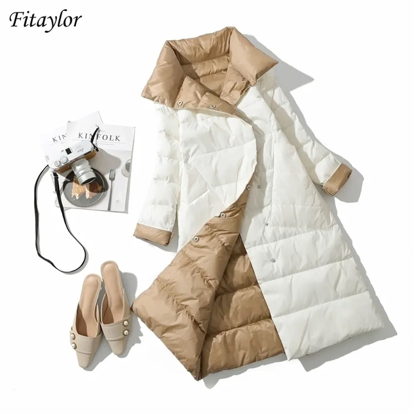 Fitaylor Winter Dames Turtleneck White Duck Down Coat Double Breasted Warm Parkas Dubbelzijdig Down Long Jacket 210819