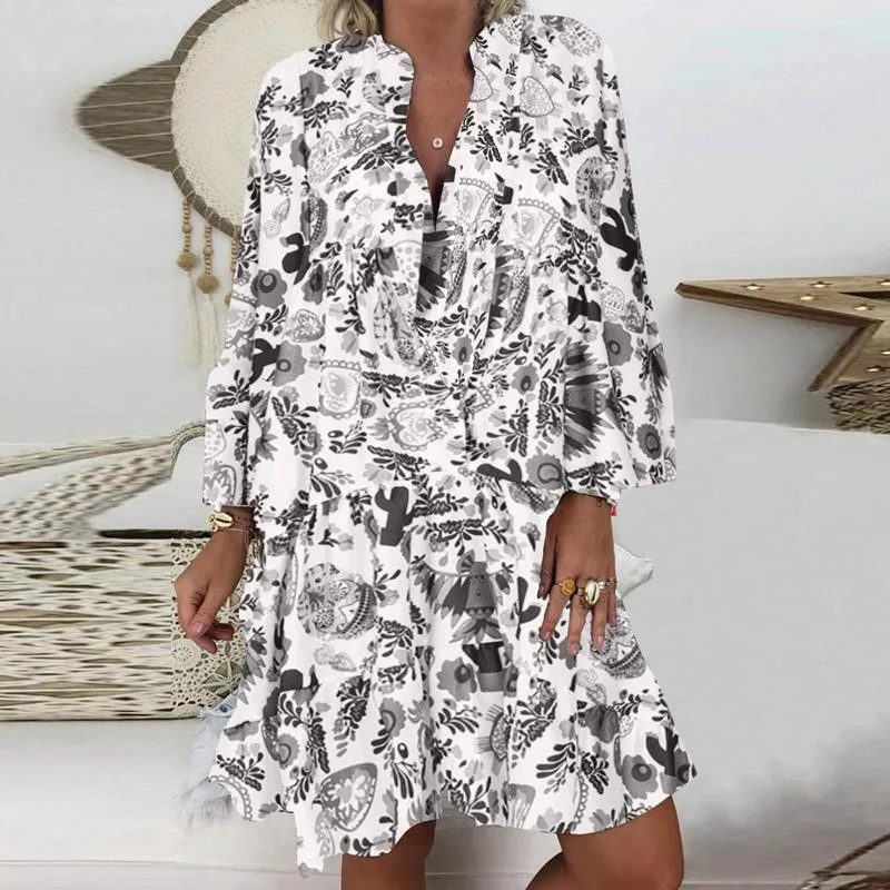 Casual Kleider Rüschen Lose V-ausschnitt Kleid Frauen Sommer Langarm Blumen Druck Frau 2021 Mode Weiß Strand