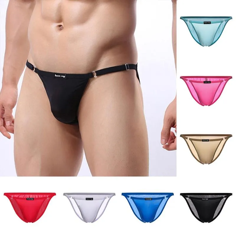 Onderbroek Sexy Mannen Ijs Zijde T-Back G-String Thong Bikini Micro Mesh Sheer Pouch Ondergoed Mannelijke Erotische Temptation Jockstrap Thongs