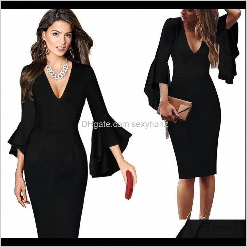 Womens Clothing Apparel Drop Delivery 2021 Sexy V Neck Dresses Short Party Gowns Long Sleeves Knee-Length Robe Cocktail Courte Casual Ruffles